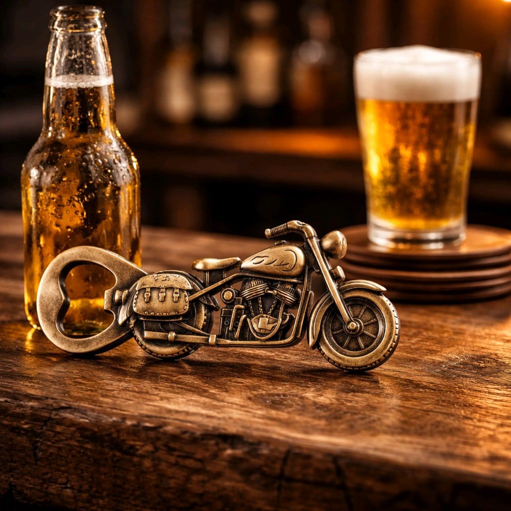 Retro Motosiklet Tasarımlı Metal Şişe Açacağı – Erkeklere Özel Dekoratif ve Fonksiyonel Hediye