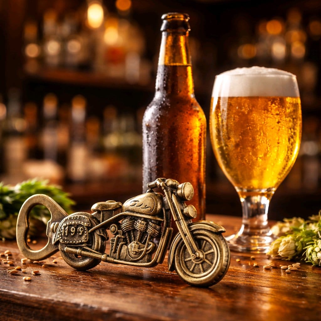 Retro Motosiklet Tasarımlı Metal Şişe Açacağı – Erkeklere Özel Dekoratif ve Fonksiyonel Hediye