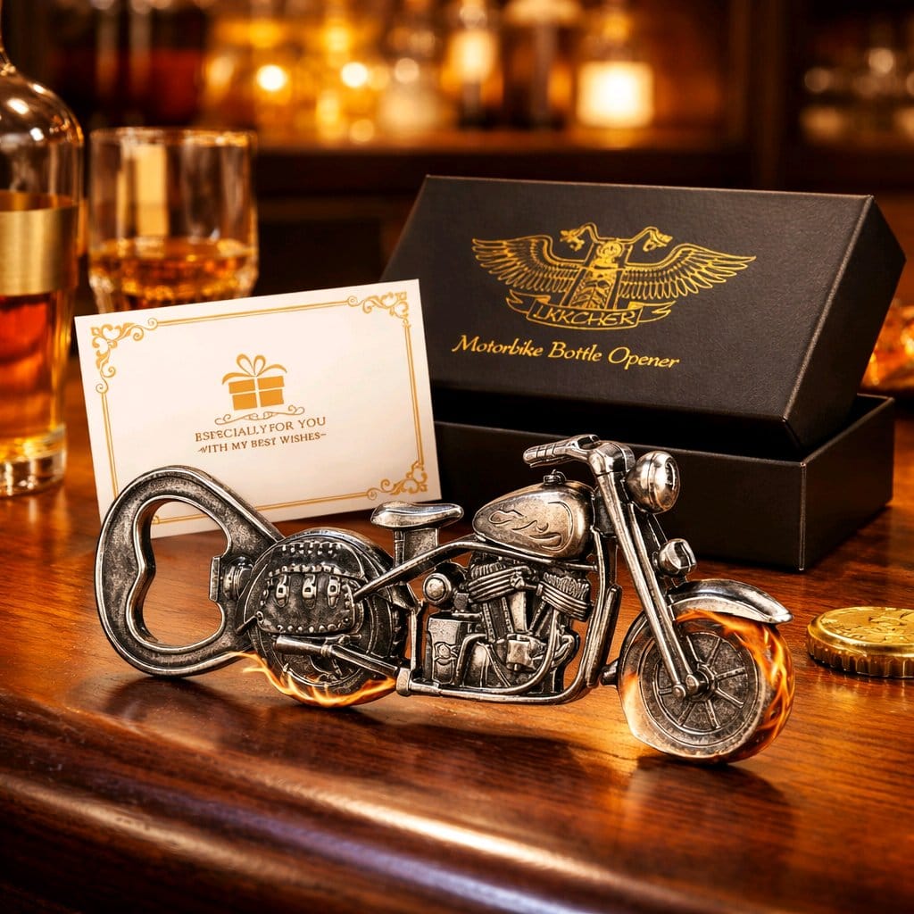 Retro Motosiklet Tasarımlı Metal Şişe Açacağı – Erkeklere Özel Dekoratif ve Fonksiyonel Hediye