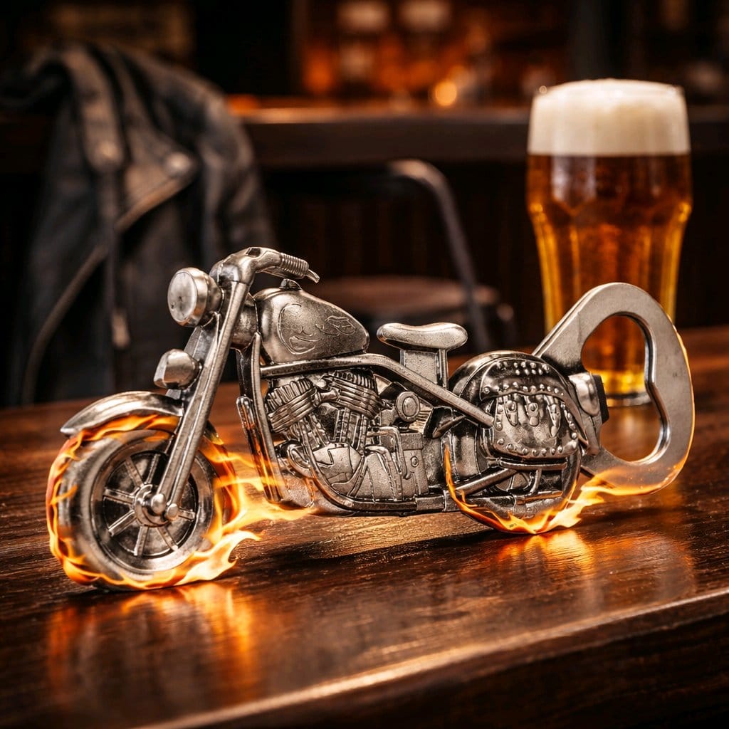 Retro Motosiklet Tasarımlı Metal Şişe Açacağı – Erkeklere Özel Dekoratif ve Fonksiyonel Hediye