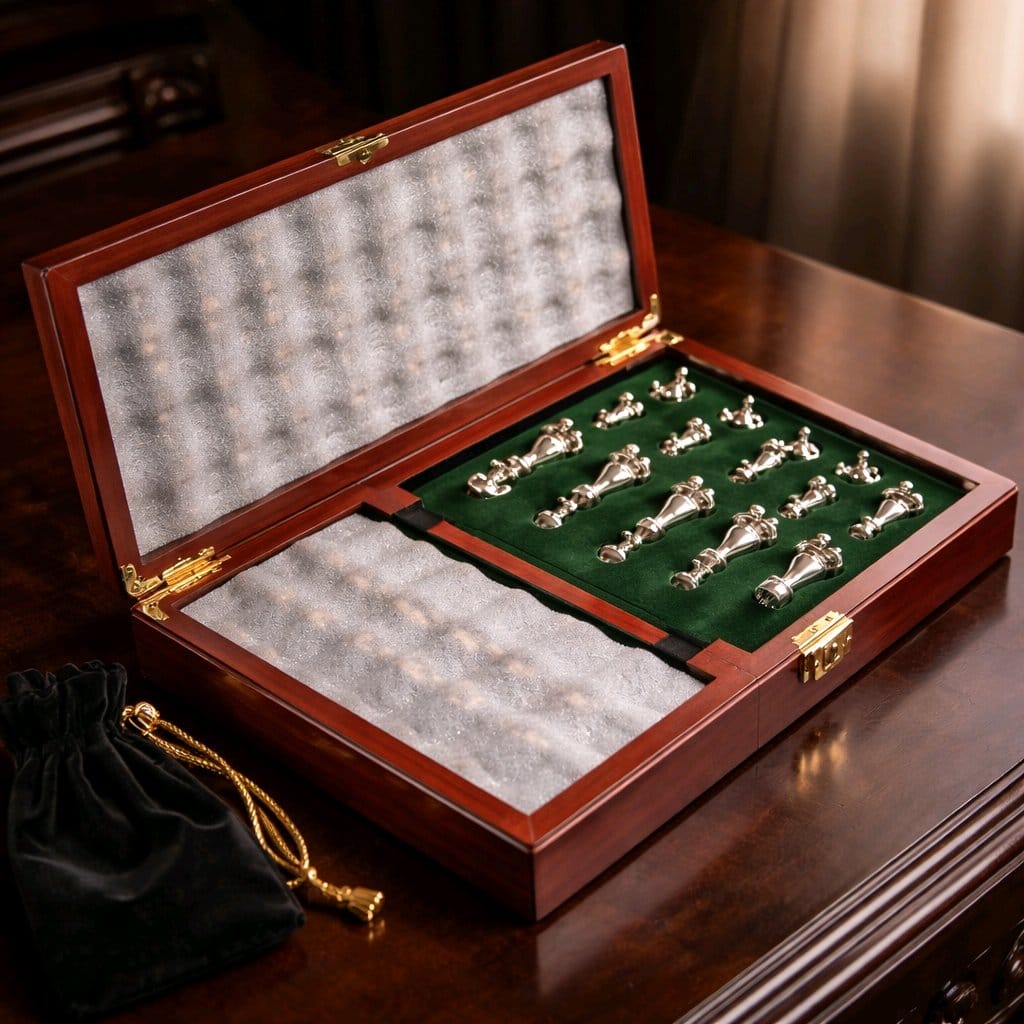 Ahşap Kutulu Premium Metal Satranç Takımı – Kadife İç Yüzeyli Lüks Oyun Seti & Hediye Ürünü