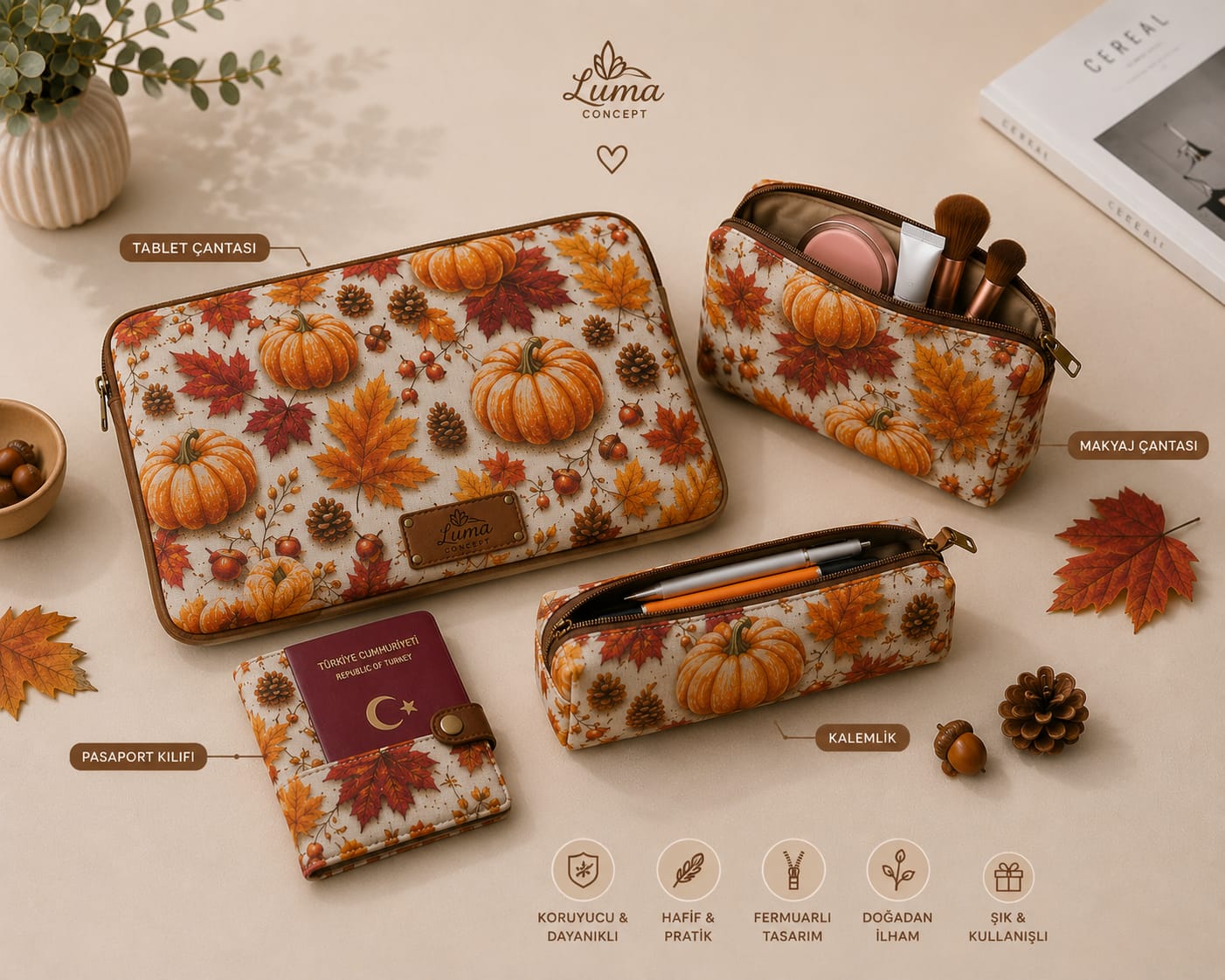 Sonbahar Serisi 4'lü Set – Tablet Çantası, Makyaj Çantası, Kalemlik & Pasaport Kılıfı