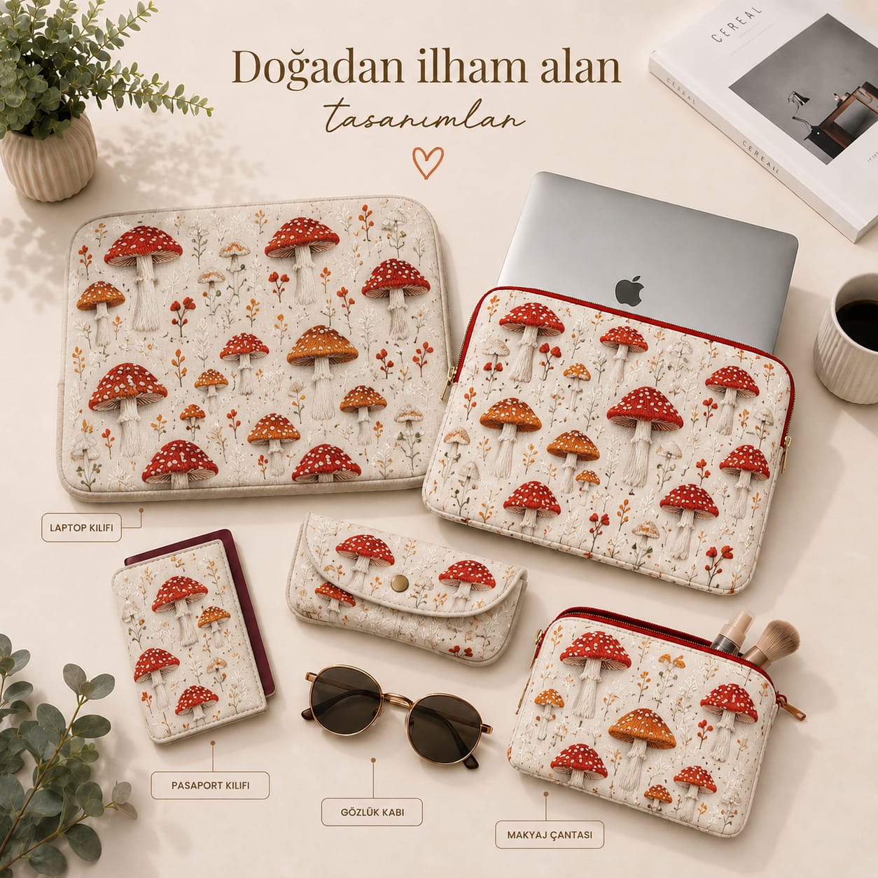 Mantar Desenli Laptop Çantası Seti