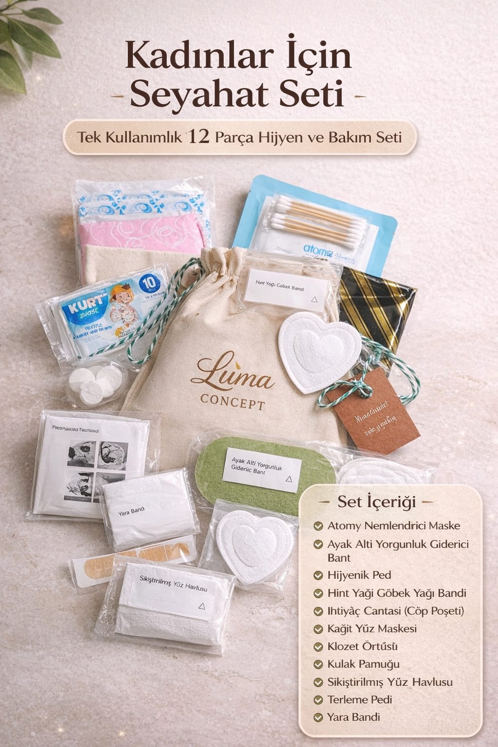 Kadınlar İçin Seyahat Seti Tek Kullanımlık 12 Parça Hijyen ve Bakım Seti – Pratik Seyahat Kiti